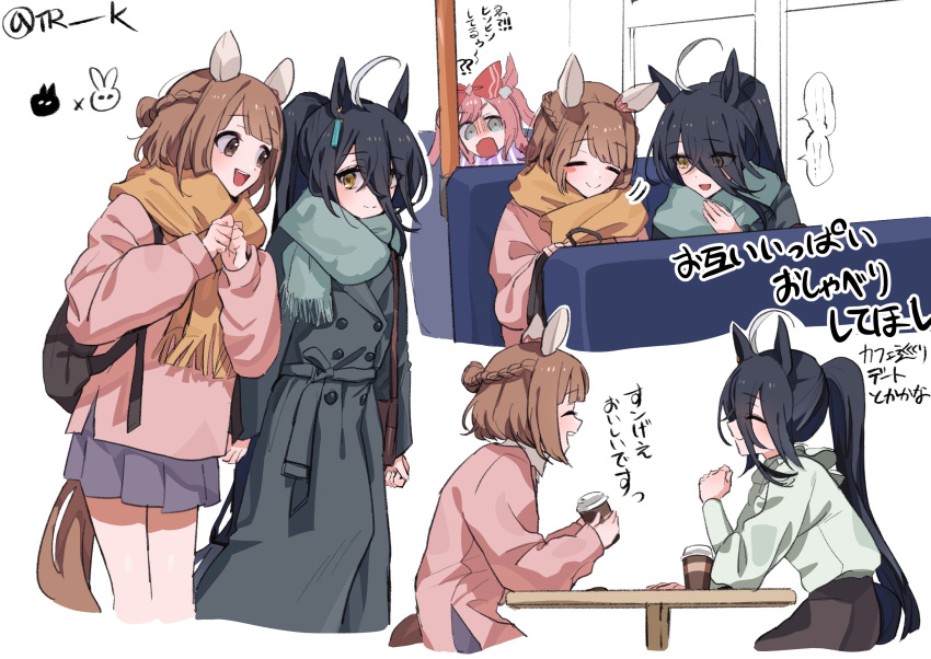 2girls 3girls agnes_digital_(umamusume) ahoge animal_ears artist_name backpack bag black_coat black_eyeliner black_hair bow braid brown_eyes brown_hair cafe closed_eyes coat coffee coffee_cup cup disposable_cup ear_covers ear_ornament ear_tag earrings eyelashes eyeliner grey_scarf hair_bow half_updo highres horse_ears horse_girl horse_tail jewelry long_hair long_sleeves looking_at_another looking_at_viewer makeup manhattan_cafe_(umamusume) multicolored_hair multiple_girls nishino_flower_(umamusume) nodding open_mouth outdoors pink_hair pink_sweater pleated_skirt ponytail scarf shirt short_hair signature simple_background single_earring sitting skirt smile surprised sweater table tail talking tarako translation_request two_side_up umamusume white_background white_hair white_shirt winter_clothes yellow_eyes yellow_scarf yuri