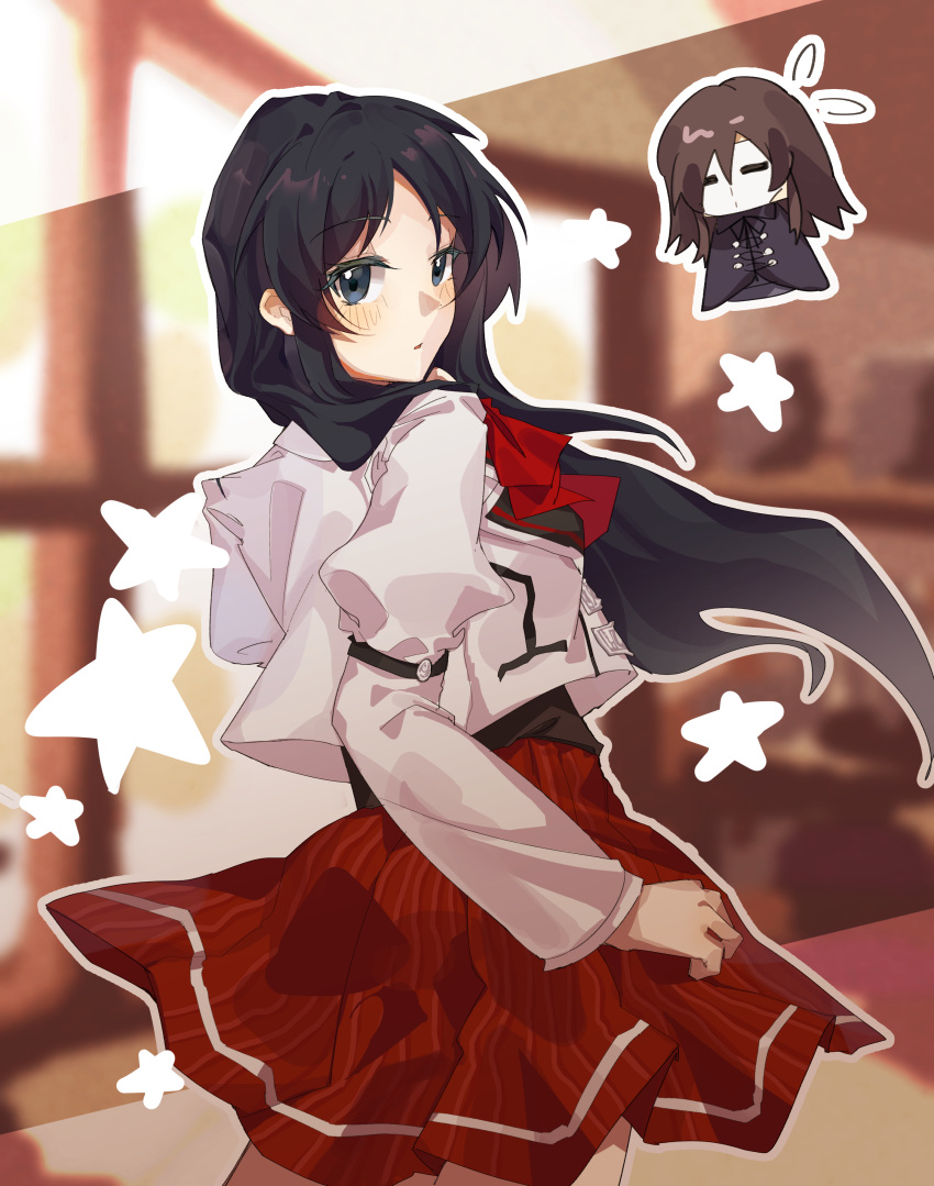 1girl absurdres black_hair black_shirt blue_eyes blurry blush brown_hair chibi chibi_inset depth_of_field eris_kissaten eyebrows_hidden_by_hair from_behind highres jacket long_hair looking_at_viewer looking_back mushoku_tensei nanahoshi_shizuka ranoa_magic_academy_school_uniform red_ribbon red_skirt ribbon school_uniform shirt skirt star_(symbol) very_long_hair white_jacket