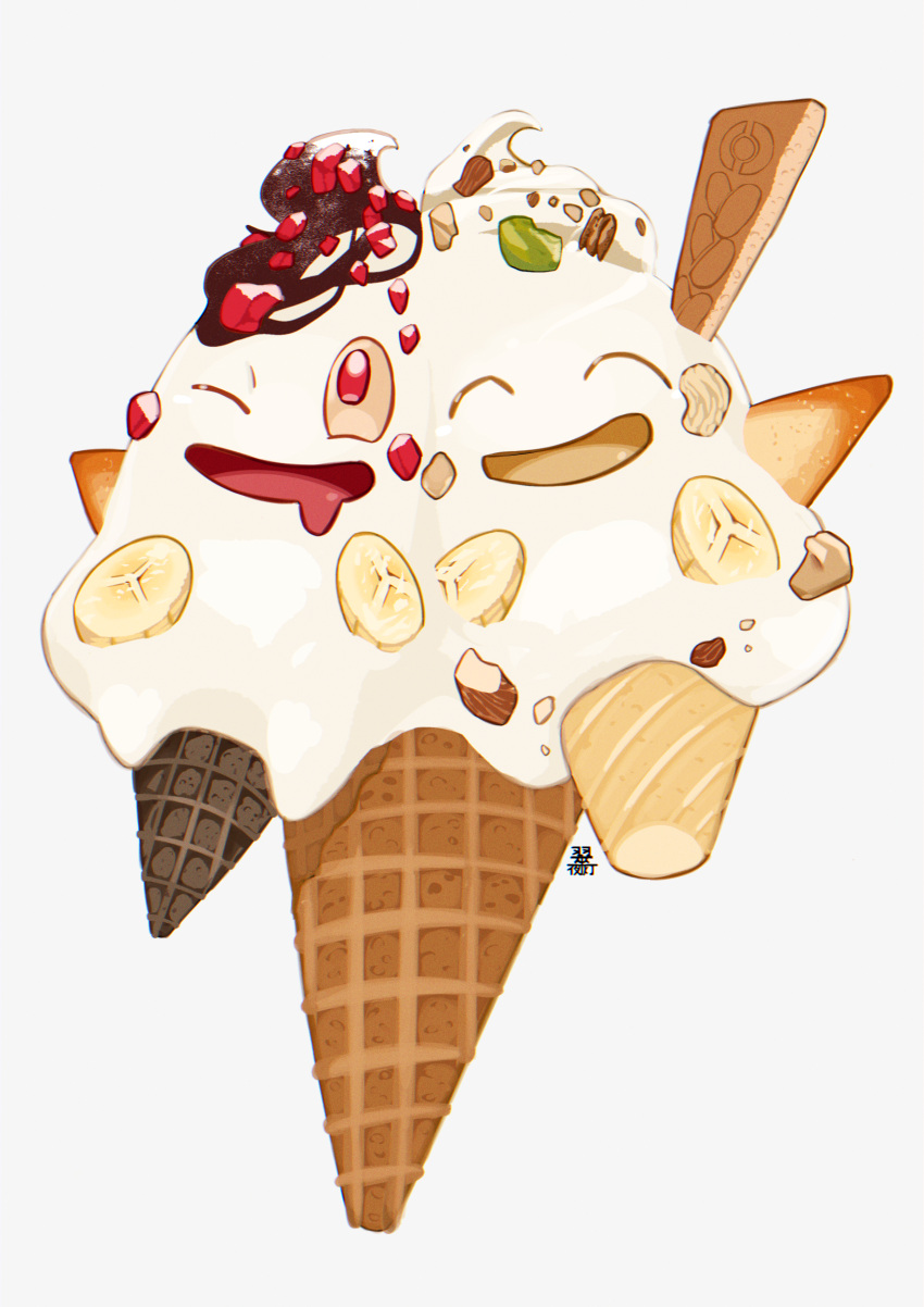:d ^_^ absurdres closed_eyes commentary_request drooling food happy highres ice_cream ice_cream_cone looking_up midori8_10 mouth_drool multiple_faces no_humans open_mouth pokemon pokemon_(creature) smile vanilluxe