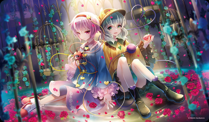 :d black_footwear black_skirt blue_shirt flower full_body green_eyes hair_between_eyes hairband hat highres holding_hands interlocked_fingers komeiji_koishi komeiji_satori looking_at_viewer miyuki_ruria multiple_girls open_mouth pink_hair pink_skirt red_eyes red_flower red_hairband shirt short_hair silver_hair sitting skirt smile socks touhou white_legwear yellow_hat yellow_shirt