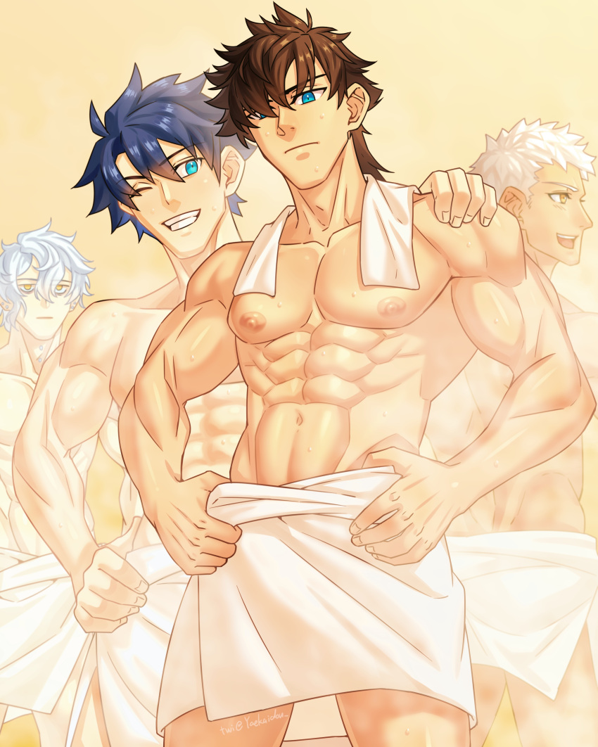 4boys abs absurdres alternate_hairstyle bags_under_eyes bara black_hair blue_eyes brown_hair earrings fate/grand_order fate_(series) fujimaru_ritsuka_(male) grey_hair grin hair_between_eyes hair_over_one_eye hand_on_another's_shoulder hand_on_own_hip hands_on_own_hips highres japanese_clothes jewelry kadoc_zemlupus kimono looking_at_another male_focus miyamoto_iori_(fate) multiple_boys naked_towel nipples one_eye_closed open_mouth ptolemy_(fate) sauna short_hair smile steam towel towel_around_neck towel_around_waist wet white_towel yaekaidou yellow_eyes