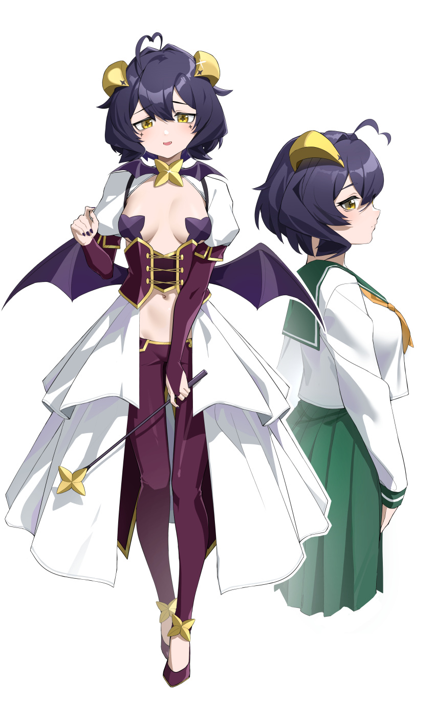 1girl absurdres ahoge black_hair black_nails breastless_clothes breasts corset cross-shaped_pupils cross_facial_mark cross_pasties demon_wings forward_facing_horns green_sailor_collar green_skirt hgoo high_heels highres hiiragi_utena holding_riding_crop horns low_wings lowleg lowleg_pants magia_baiser mahou_shoujo_ni_akogarete multiple_views navel neckerchief pants pasties pleated_skirt purple_corset purple_pants purple_pasties riding_crop sailor_collar showgirl_skirt shrug_(clothing) simple_background skirt small_breasts symbol-shaped_pupils white_background white_shrug wings yellow_eyes yellow_horns yellow_neckerchief