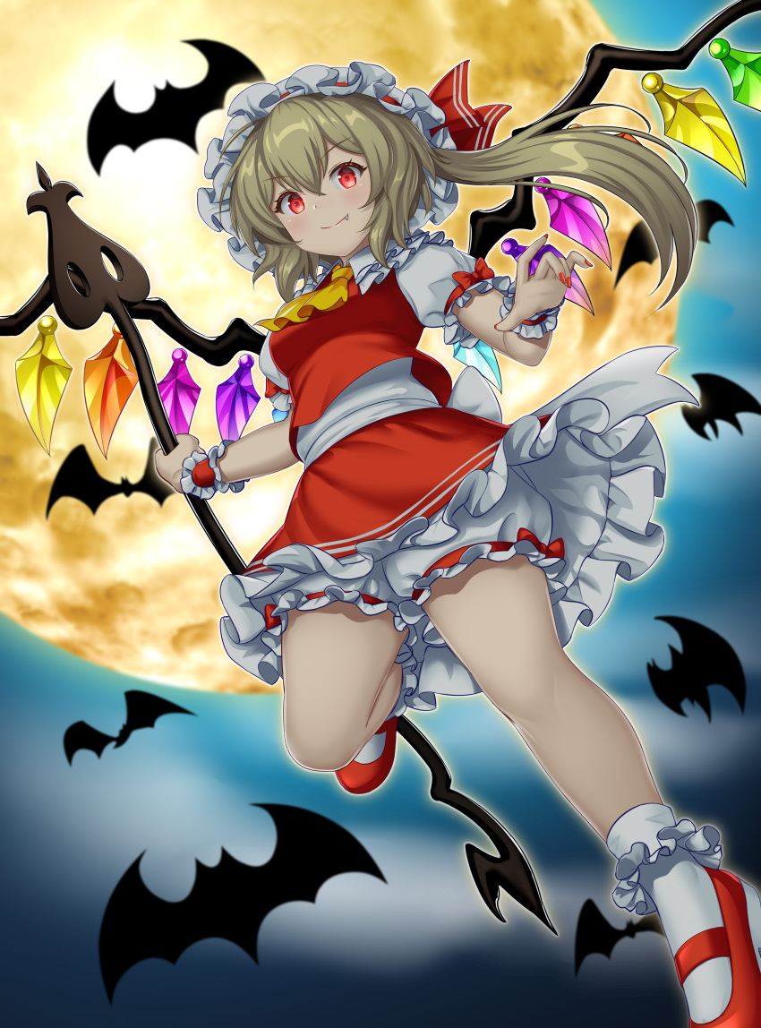 1girl absurdres agira ascot bat_(animal) blonde_hair bloomers crystal fang flandre_scarlet floating frilled_hat frilled_shorts frilled_skirt frilled_socks frills full_moon hat highres holding holding_weapon laevatein_(touhou) looking_at_viewer mob_cap moon night puffy_short_sleeves puffy_sleeves red_eyes red_footwear red_nails red_skirt short_sleeves shorts side_ponytail skirt sleeve_bow smile socks solo touhou weapon white_shorts white_socks wings yellow_ascot yellow_moon