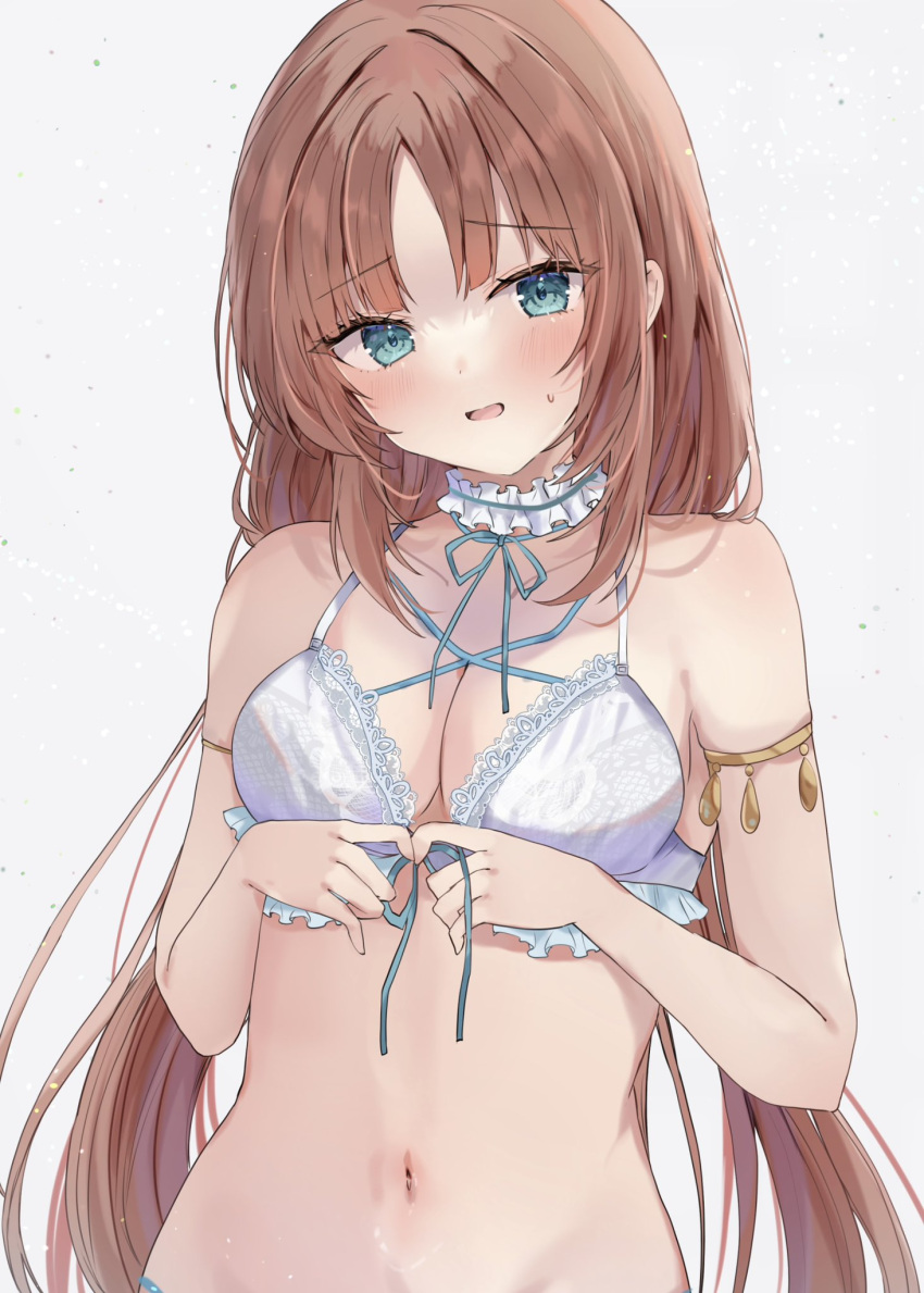 1girl armband blue_bow blue_bowtie blue_eyes blunt_bangs blush bow bowtie bra breasts choker cleavage collarbone frilled_choker frills genshin_impact highres light_brown_hair light_particles long_hair low_twintails maruro navel nervous nilou_(genshin_impact) open_mouth own_hands_together parted_bangs simple_background small_breasts solo sweatdrop twintails underwear underwear_only upper_body white_background white_bra white_choker