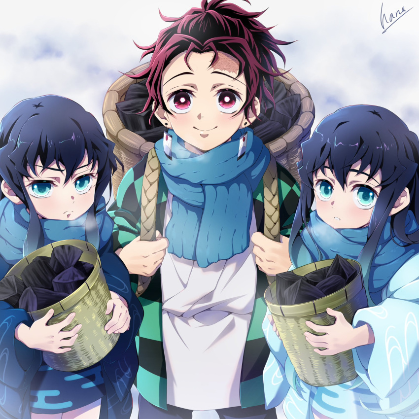 3boys :o aged_down alternate_universe aqua_eyes backpack_basket basket black_hair blue_kimono blue_scarf breath brothers checkered_clothes child closed_mouth coal cowboy_shot earrings egasumi frown green_eyes hana_ni_nare hanafuda_earrings hands_up hanten_(clothes) highres holding holding_basket japanese_clothes jewelry kamado_tanjirou kimetsu_no_yaiba kimono long_hair long_sleeves looking_at_viewer male_focus multiple_boys ponytail red_eyes red_hair scar scar_on_face scar_on_forehead scarf short_hair siblings side-by-side signature smile snow standing tokitou_muichirou tokitou_yuichirou twins white_kimono wide_sleeves winter