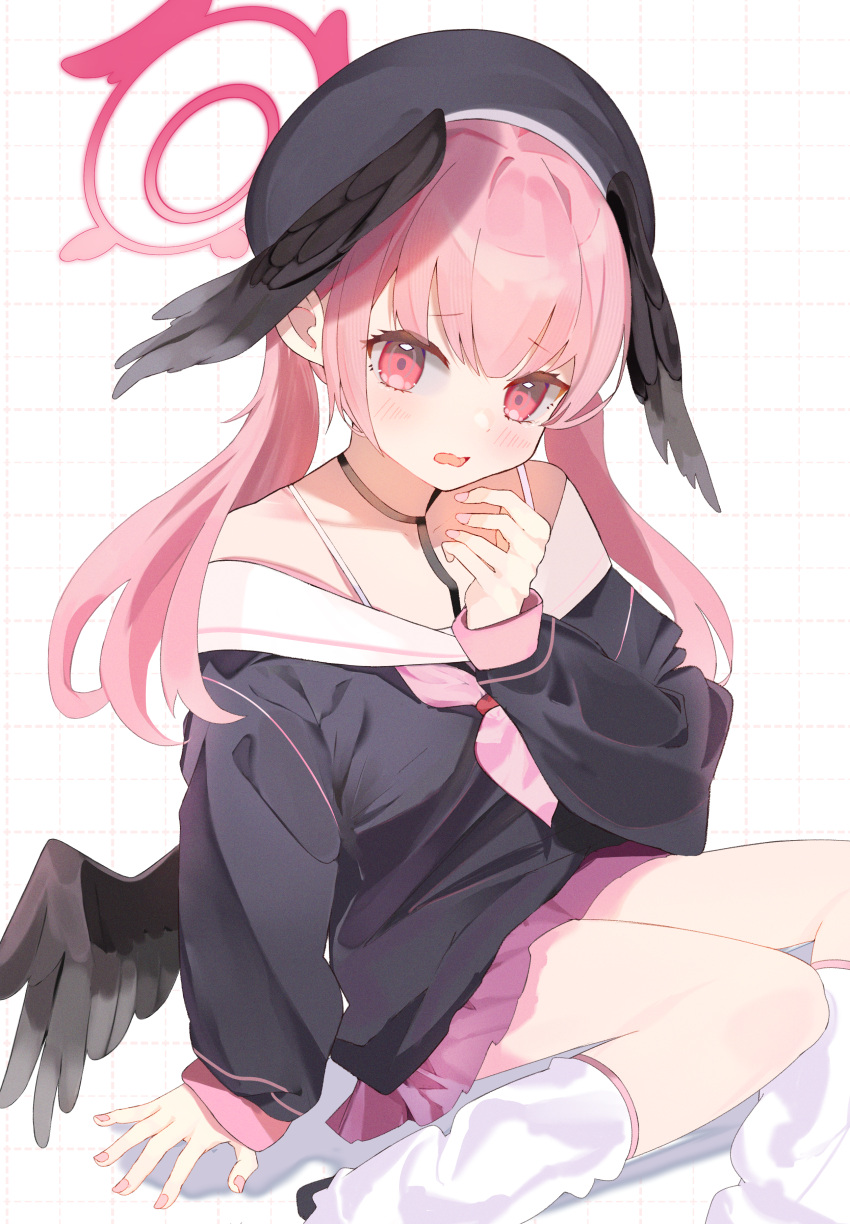 1girl absurdres beret black_headwear black_shirt black_wings blue_archive blush breasts feathered_wings halo hat head_wings highres koharu_(blue_archive) long_hair looking_at_viewer low_wings open_mouth pink_hair pink_halo pink_skirt revision shirt shishiodoshi skirt small_breasts socks solo twintails white_background white_socks wings