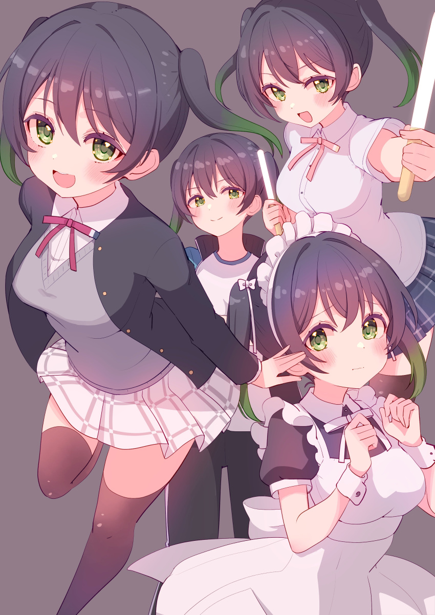 1girl absurdres apron black_dress black_hair black_jacket black_thighhighs blush breasts closed_mouth commentary_request cream_(nipakupa) dress glowstick gradient_hair green_eyes green_hair grey_background grey_sweater_vest highres holding jacket long_sleeves looking_at_viewer love_live! love_live!_nijigasaki_high_school_idol_club maid_apron maid_headdress medium_breasts multicolored_hair multiple_views open_clothes open_jacket open_mouth plaid plaid_skirt puffy_short_sleeves puffy_sleeves shirt short_sleeves simple_background skirt smile sweater_vest takasaki_yuu thighhighs twintails two-tone_hair white_headdress white_shirt white_skirt