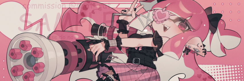 1girl belt black_bow bow commission eyelashes eyepatch fishnets frilled_wristband gun hair_bow heart heart-shaped_pupils heart_eyepatch highres holding holding_gun holding_weapon inkling inkling_girl long_hair open_mouth pink_background pink_bow pink_eyes pink_hair pink_skirt pointy_ears prat_rat skirt smile solo splatoon_(series) splatoon_3 symbol-shaped_pupils teeth tentacle_hair v watermark weapon