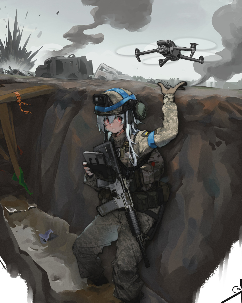 absurdres assault_rifle brown_gloves drone gloves grey_hair gun headset highres long_hair military_uniform original red_eyes rifle russo-ukrainian_war tuziki_sang ukraine ukrainian_flag uniform weapon