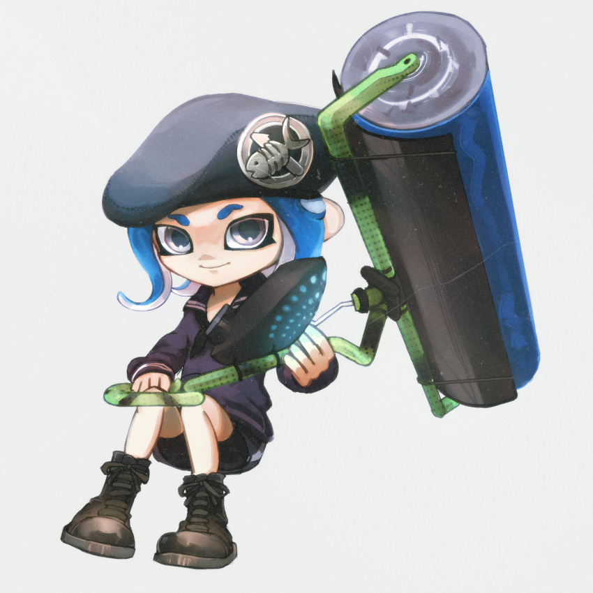 1boy beret bike_shorts blue_hair brown_footwear carbon_roller_(splatoon) closed_mouth commentary_request cross-laced_footwear glowing grey_eyes hat highres holding holding_weapon invisible_chair looking_at_viewer male_focus medium_hair octoling octoling_boy pppmepl sailor_collar sailor_shirt shirt shoes simple_background sitting smile solo splatoon_(series) splatoon_3 tentacle_hair weapon white_background