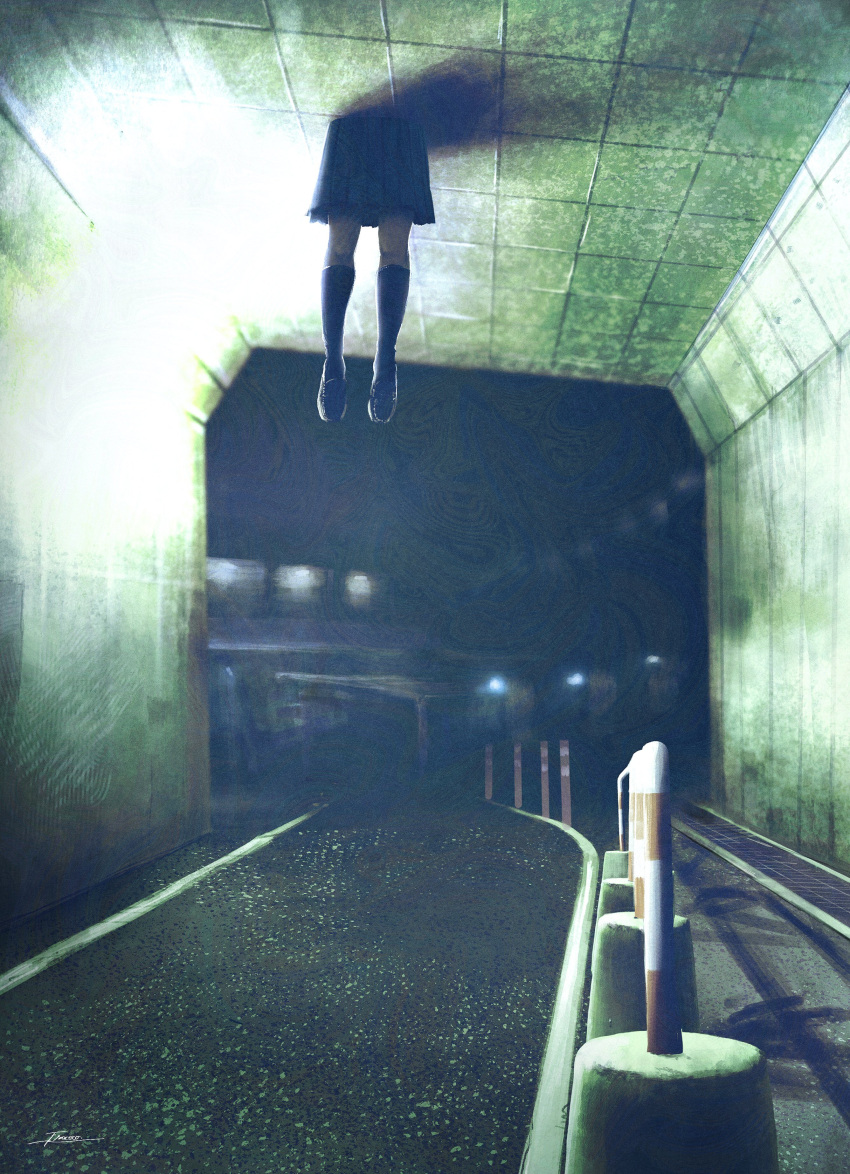 1girl absurdres black_footwear black_socks bridge fracoco highres horror_(theme) kneehighs light night noclip original pleated_skirt road scenery school_uniform signature skirt socks solo surreal