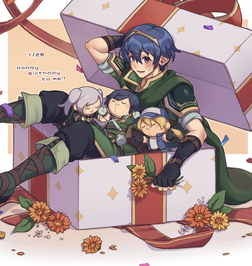 1boy arm_behind_head armor blue_hair boots box breastplate cape character_doll chrom_(fire_emblem) fatal_fury fingerless_gloves fire_emblem flower gift gift_box gloves green_cape highres marth_(fire_emblem) nyo02921978 official_alternate_color robin_(fire_emblem) short_hair super_smash_bros. terry_bogard tiara