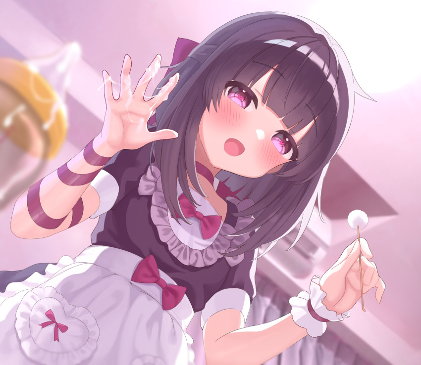 1girl apron arm_ribbon blush bow choker cotton_swab dress fallenshadow flat_chest from_below hair_bow heart heart-shaped_pupils highres indie_virtual_youtuber indoors looking_at_viewer lotion lotion_bottle mao_(mawodec) medium_hair mimikaki open_mouth pink_eyes purple_dress purple_hair ribbon short_sleeves single_wrist_cuff smile solo symbol-shaped_pupils upper_body virtual_youtuber wrist_cuffs