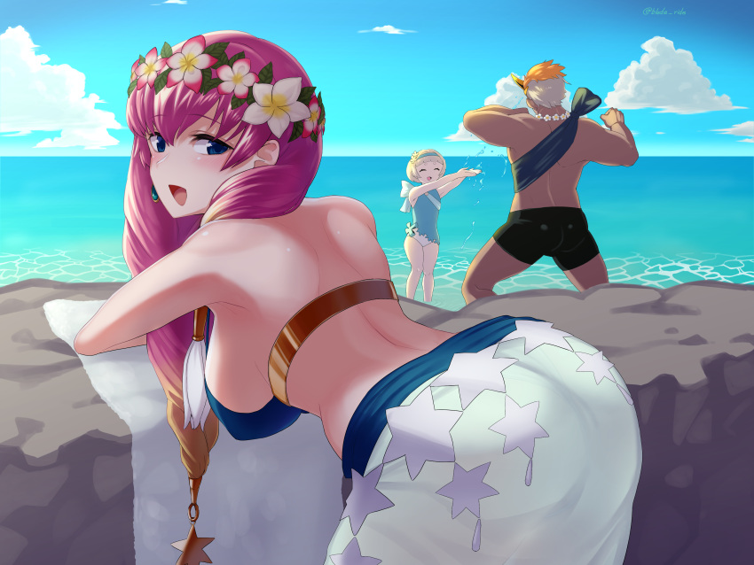 1boy 2girls :d absurdres arched_back arms_up back bare_arms bare_shoulders beach bent_over bikini black_shorts blade_ride blue_bikini blue_eyes blue_one-piece_swimsuit blue_sky blunt_bangs breasts cloud cowboy_shot dark-skinned_male dark_skin day earrings fire_emblem fire_emblem_heroes flower flower_necklace flower_wreath gunnthra_(fire_emblem) gunnthra_(summer)_(fire_emblem) hair_between_eyes hair_flower hair_ornament hanging_breasts helbindi_(fire_emblem) helbindi_(summer)_(fire_emblem) highres horizon jewelry large_breasts legs_apart light_blush long_hair looking_at_viewer looking_back multicolored_hair multiple_girls muscular muscular_male ocean official_alternate_costume one-piece_swimsuit open_mouth orange_hair outdoors pink_hair sarong short_hair shorts sky smile standing star_(symbol) star_print strap_gap swimsuit towel twitter_username very_short_hair water white_hair white_sarong white_towel ylgr_(fire_emblem) ylgr_(summer)_(fire_emblem)