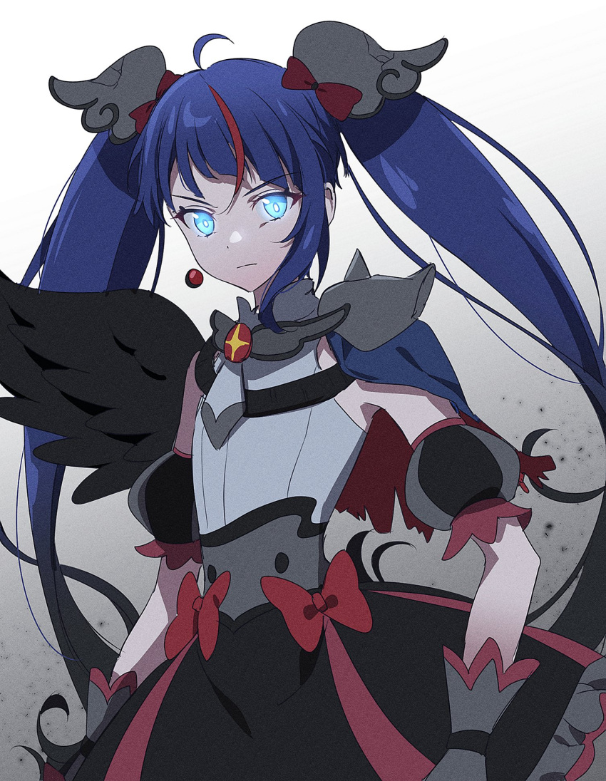 1girl armor black_wings blue_eyes blue_hair bow brooch cure_sky cut_bangs dark_cure_sky dark_persona detached_sleeves dress_bow earrings feathered_wings gloves glowing glowing_eye grey_gloves highres hirogaru_sky!_precure jewelry long_hair magical_girl multicolored_hair pauldrons precure puffy_detached_sleeves puffy_sleeves shoulder_armor single_pauldron single_sidelock single_wing solo sora_harewataru spiked_pauldrons streaked_hair twintails wing_brooch wing_hair_ornament wings yur11