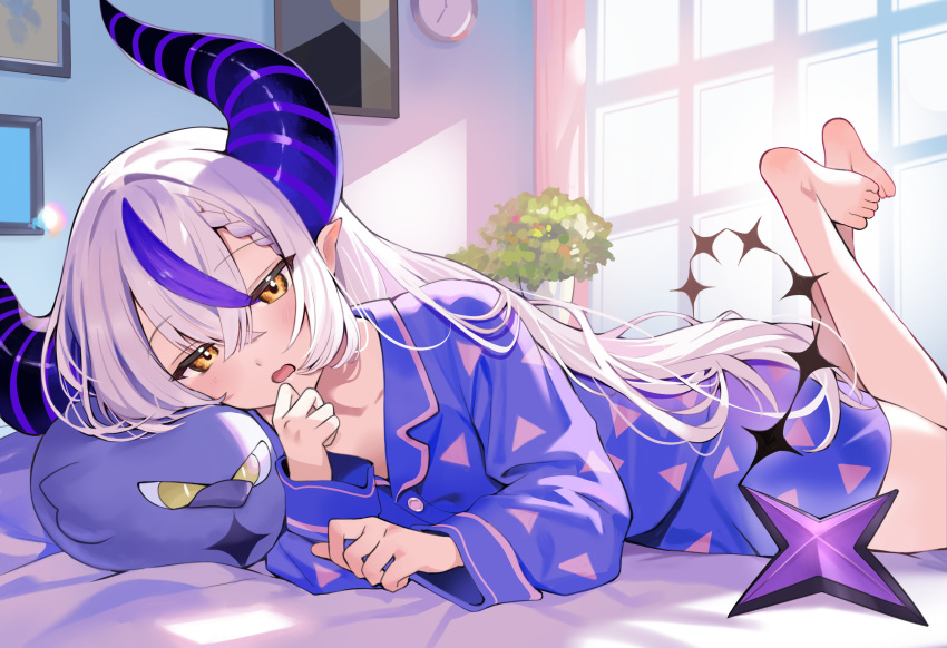 alternate_costume barefoot blue_pajamas blush braid braided_bangs clock commentary_request crossed_bangs crow_(la+_darknesss) demon_girl demon_horns demon_tail hatsuno_xxx highres hololive horns huge_horns indoors la+_darknesss legs_up long_sleeves lying multicolored_hair on_bed on_stomach open_mouth pajamas picture_frame plant potted_plant purple_hair purple_stripes streaked_hair stuffed_animal stuffed_bird stuffed_toy tail triangle_print virtual_youtuber white_hair yellow_eyes