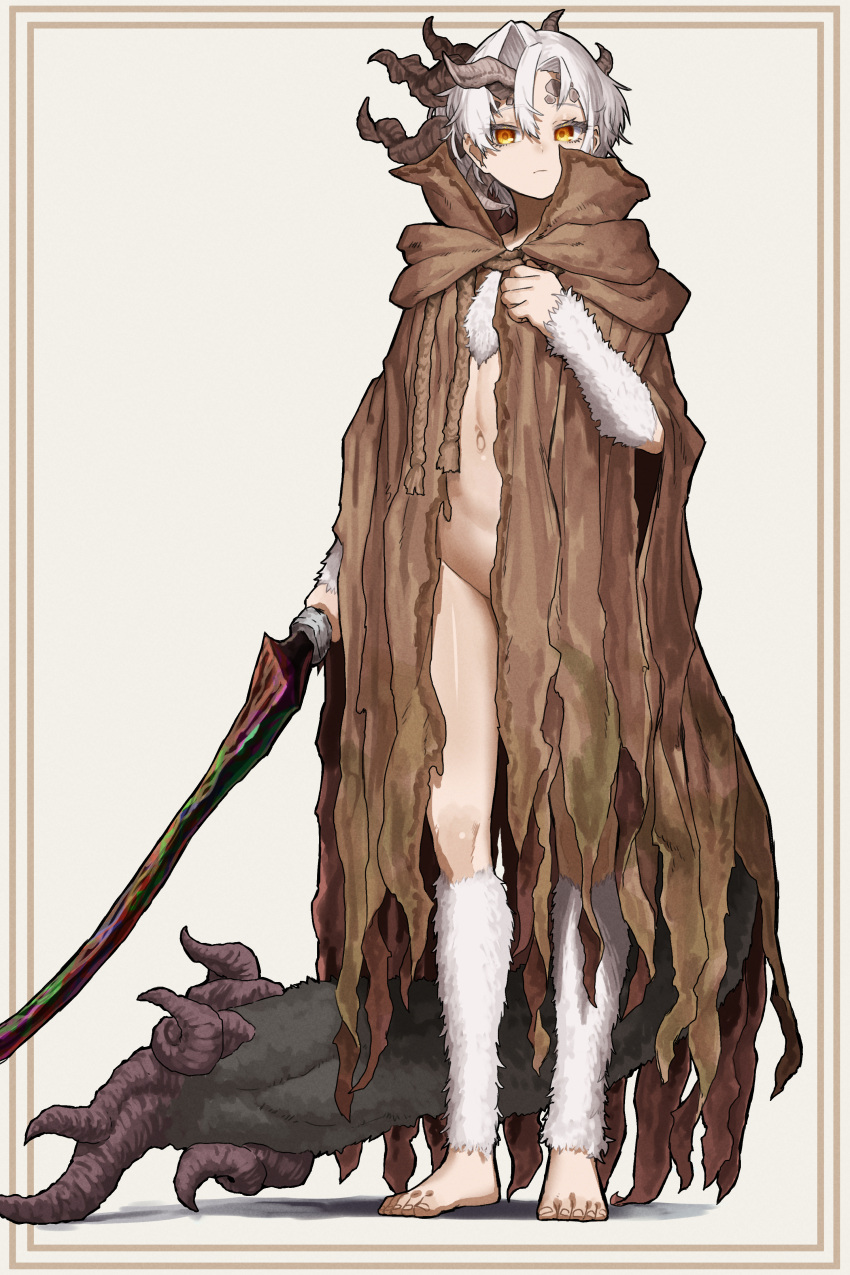 1girl absurdres barefoot body_fur bottomless breasts cloak commentary_request ekrea_jan elden_ring full_body genderswap genderswap_(mtf) highres holding holding_sword holding_weapon horns looking_at_viewer margit_the_fell_omen morgott_the_omen_king multiple_horns naked_cloak navel orange_eyes personification short_hair small_breasts solo standing sword tail weapon white_hair