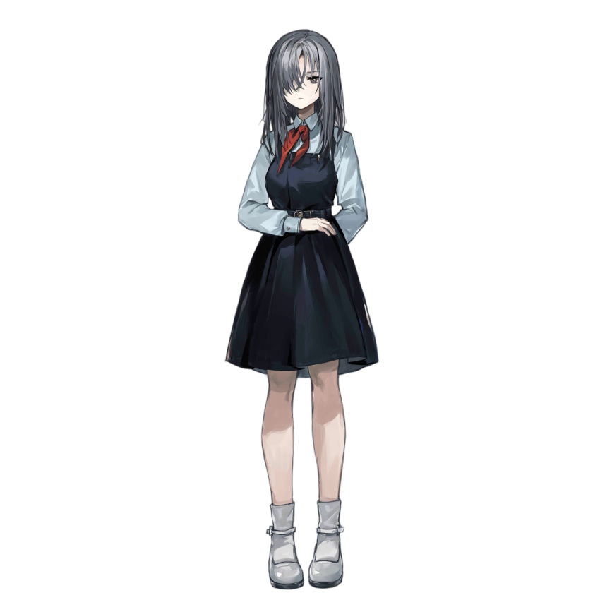 1girl aged_down angelia_(girls'_frontline) arm_behind_back artist_request black_dress closed_mouth collared_shirt dress expressionless full_body girls'_frontline grey_eyes grey_hair hair_over_one_eye highres long_hair long_sleeves neckerchief official_art red_neckerchief school_uniform shirt simple_background socks solo standing third-party_source transparent_background white_footwear white_shirt white_socks