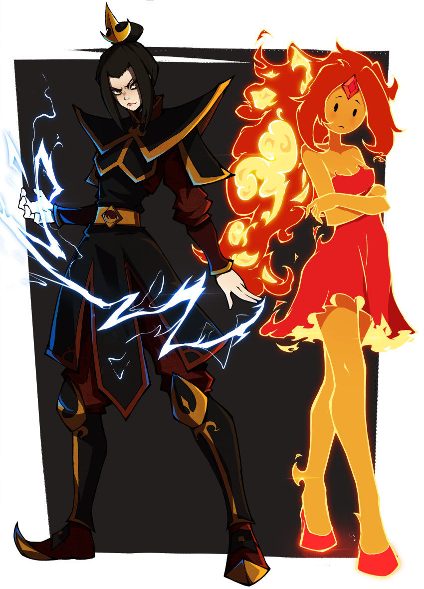 2girls absurdres adventure_time armor avatar:_the_last_airbender avatar_legends azula belt black_background black_eyes black_hair border closed_mouth colored_skin crossover dress fiery_hair flame_princess forehead_jewel frown full_body hair_bun hair_ornament highres kekel lightning long_hair long_sleeves looking_at_viewer multiple_girls orange_skin red_dress serious sidelocks simple_background standing strapless strapless_dress very_long_hair white_border