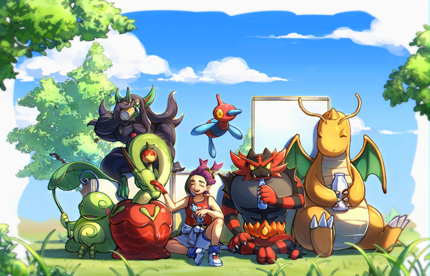 1boy black_hair blue_sky bottle can closed_eyes clothes_around_waist cloud colored_sclera day dragonite drinking gloves grass grimmsnarl hi-fi_(fijazzy) highres holding holding_bottle holding_can hydrapple incineroar kieran_(pokemon) leaf male_focus open_mouth outdoors pokemon pokemon_(creature) pokemon_sv politoed porygon-z purple_hair ramune red_eyes red_gloves red_tank_top shoes shorts single_glove sitting sky sweat tank_top tree white_footwear white_shorts yellow_sclera