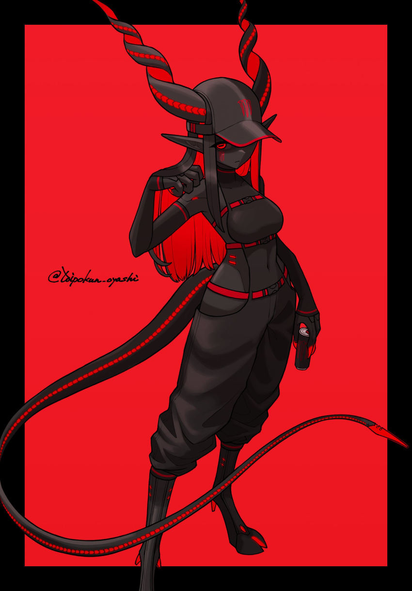 1girl adjusting_hair baseball_cap black_border black_hair black_sclera black_skin border breasts can claws colored_inner_hair colored_sclera colored_skin demon_girl demon_horns demon_tail detached_sleeves digitigrade drink_can hat highres holding holding_can hooves horizontal_pupils horns medium_breasts monster_energy multicolored_hair original pointy_ears red_background red_eyes red_hair red_theme snap-fit_buckle soda_can solo standing tail toipokun_oyashi twitter_username two-tone_hair