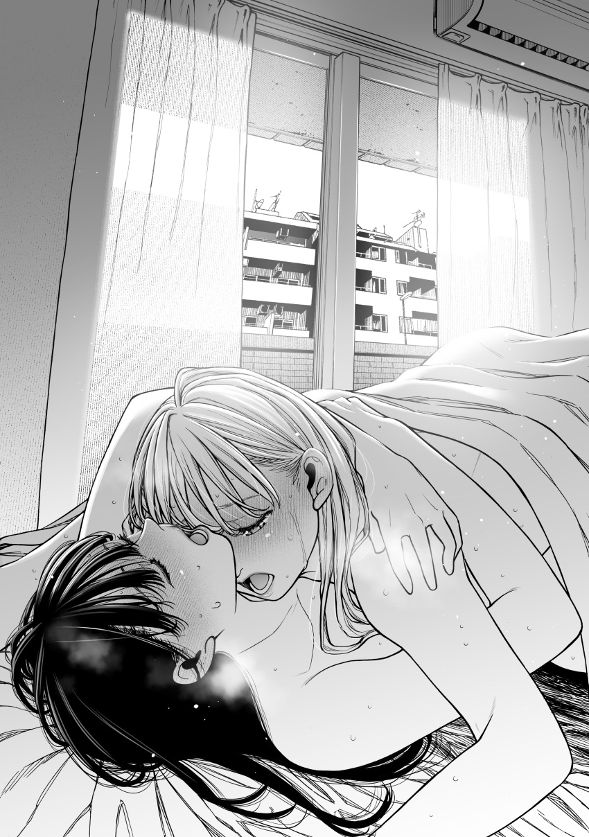 2girls absurdres air_conditioner bed_sheet blush breath closed_eyes commentary_request girl_on_top greyscale highres hug indoors long_hair lying monochrome multiple_girls naked_sheet nanatsu_fuji on_back on_bed open_mouth original sweat under_covers yuri