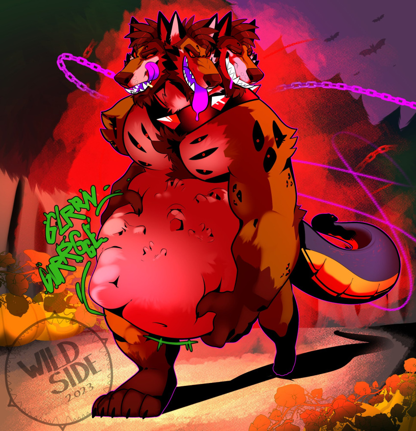 2023 3_heads anthro belly big_belly chain english_text food fruit halloween_2023 halloween_theme hi_res hyena male male/male male_pred male_prey mammal multi_head organs plant pumpkin smile stomach text vore wild_(wildside) wildside