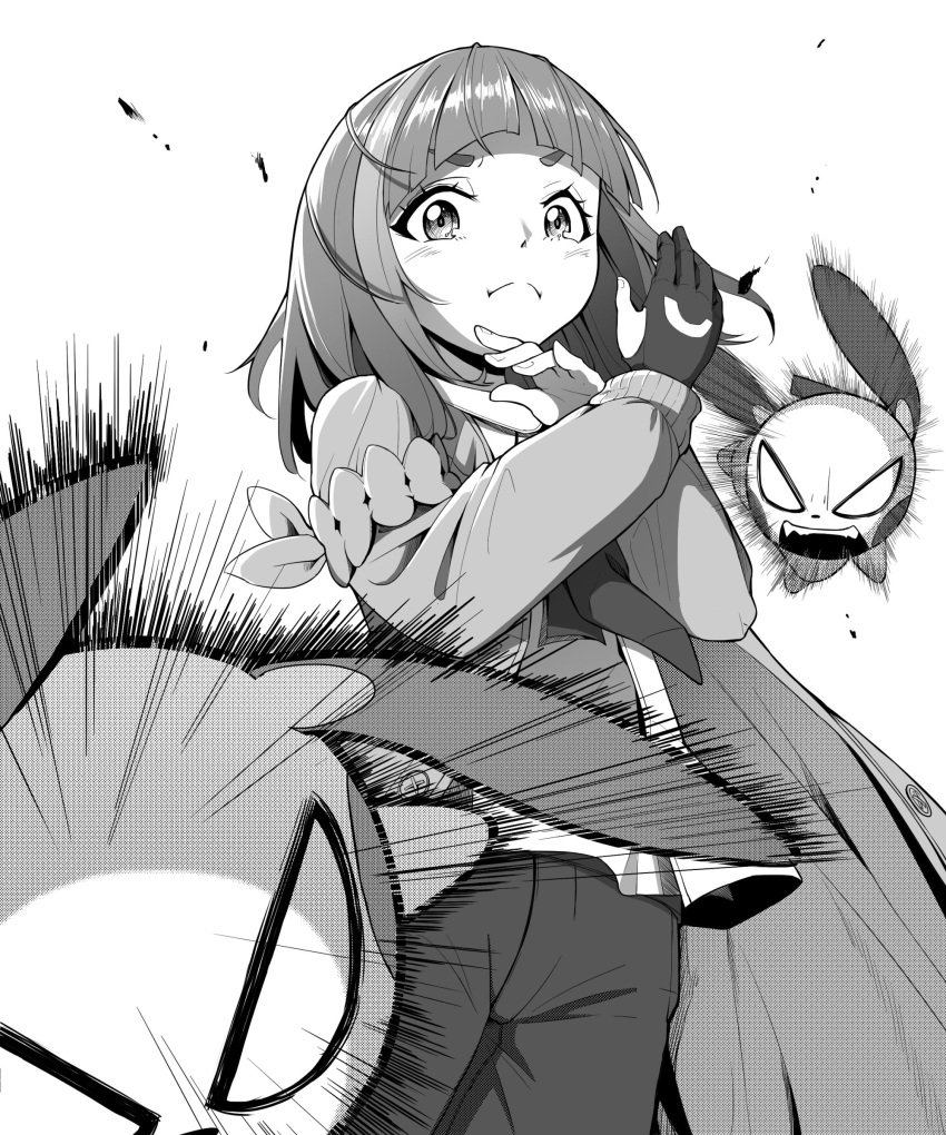 &gt;:( 1girl absurdres arched_bangs closed_mouth coat frown gloves greyscale highres kokoniau lacey_(pokemon) long_hair looking_at_viewer minun monochrome motion_lines necktie open_clothes open_coat pants partially_fingerless_gloves plusle pokemon pokemon_(creature) pokemon_sv shirt single_glove solo standing v-shaped_eyebrows white_background white_shirt x_arms