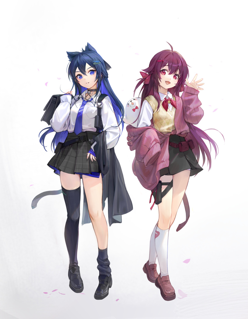 2girls absurdres ahoge alternate_costume argyle argyle_sweater_vest asymmetrical_legwear bag bell black_footwear black_skirt black_socks blue_eyes blue_hair blue_necktie brown_footwear cardigan choker collared_shirt commentary fang full_body girls'_frontline hair_between_eyes hair_ornament hairclip hansum highres holding holding_clothes holding_jacket holster jacket loafers long_hair long_sleeves looking_at_viewer multiple_girls neck_bell necktie open_mouth p226_(girls'_frontline) p290_(girls'_frontline) plaid plaid_skirt pleated_skirt purple_cardigan purple_hair red_eyes ribbed_legwear school_bag shirt shoes skin_fang skirt smile socks stuffed_animal stuffed_seal stuffed_toy sweater_vest thigh_holster thighhighs vest waving white_background white_shirt white_socks