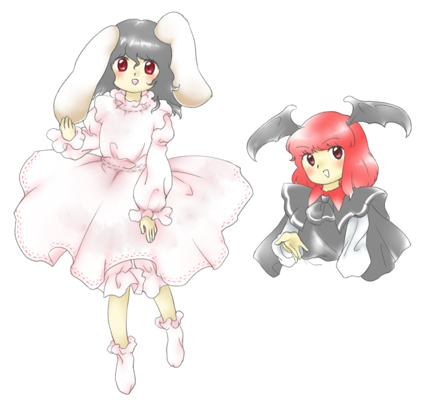 2girls :d animal_ears ascot bat_wings bloomers dress floppy_ears grey_ascot grey_hair grey_wings hair_between_eyes head_wings inaba_tewi koakuma long_sleeves looking_at_viewer medium_hair multiple_girls nonamejd official_style open_mouth pink_bloomers pink_dress pink_socks rabbit_ears rabbit_girl red_eyes red_hair short_hair simple_background smile socks teeth touhou upper_teeth_only white_background wings zun_(style)