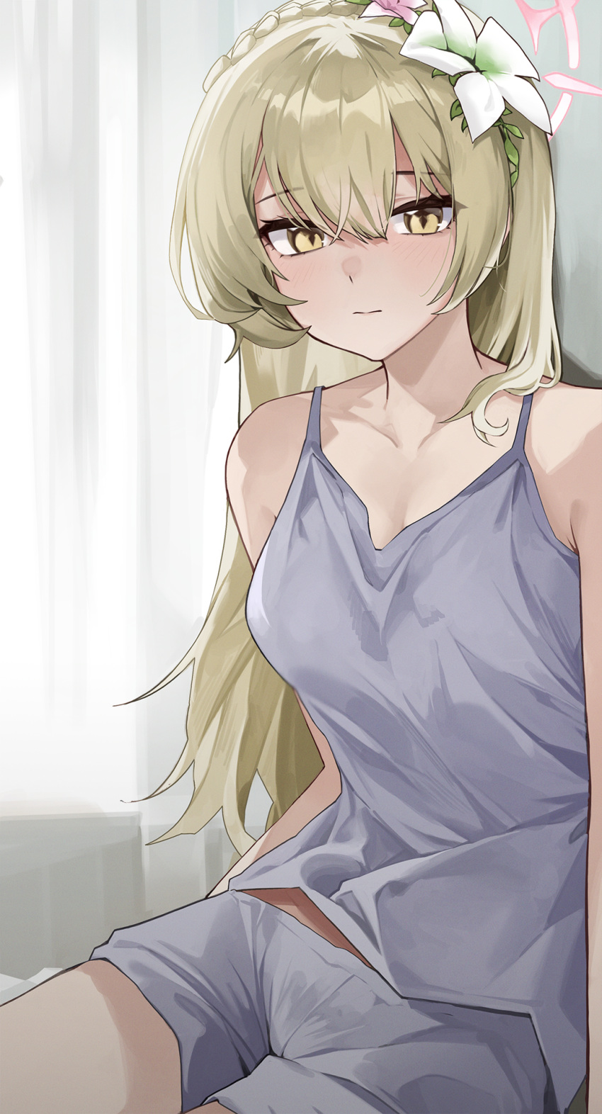 1girl blue_archive blush camisole closed_mouth collarbone cowboy_shot curtains flower grey_camisole grey_shorts hair_between_eyes hair_flower hair_ornament halo highres indoors light_brown_hair long_hair looking_at_viewer nagisa_(blue_archive) ori_(0rizuru) pink_flower pink_halo shorts solo white_flower yellow_eyes
