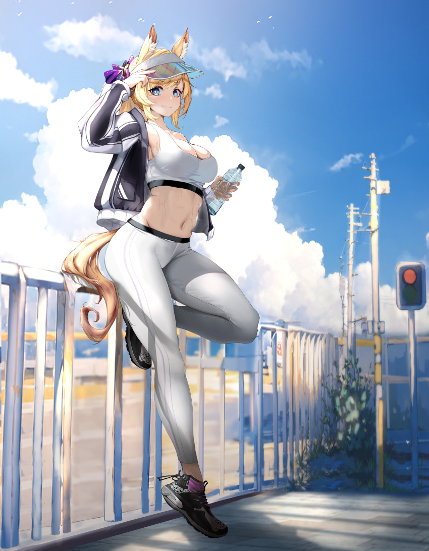 1girl absurdres against_railing animal_ear_fluff animal_ears arknights arm_up black_footwear blonde_hair blue_eyes bottle breasts bright_pupils cleavage closed_mouth cloud cloudy_sky day full_body hand_on_headwear hand_up highres holding holding_bottle horse_ears horse_girl horse_tail jacket large_breasts leggings legs long_sleeves looking_at_viewer navel open_clothes open_jacket outdoors pants plastic_bottle ponytail qingshuisi_yu_ji railing shoes short_eyebrows sitting_on_fence sky smile sneakers solo sports_bra sportswear stomach sweat tachi-e tail taut_clothes thick_eyebrows tight_clothes tight_pants track_jacket traffic_light visor_cap water_bottle whislash_(arknights) white_pants white_pupils white_sports_bra yoga_pants