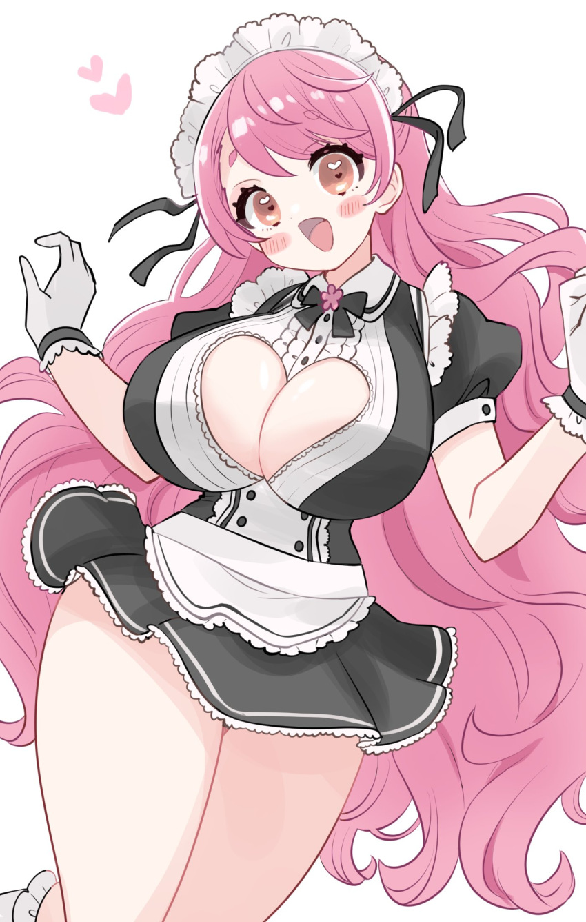 1girl aizono_manami aizono_manami_(1st_costume) apron black_bow black_bowtie black_dress black_ribbon blush blush_stickers bow bowtie breasts center_frills cleavage cleavage_cutout clothing_cutout dot_nose dress flower_collar frills gloves hands_up heart heart_cutout heart_in_eye highres huge_breasts long_hair looking_at_viewer maid maid_headdress nijisanji open_mouth pink_eyes pink_hair puffy_short_sleeves puffy_sleeves ribbon saito_katuo short_eyebrows short_sleeves simple_background smile solo symbol_in_eye thighs virtual_youtuber waist_apron white_apron white_background white_gloves white_headdress