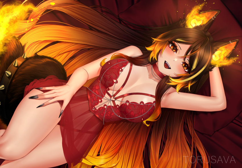 1girl animal_ears artist_name blush breasts brown_hair choker dress earrings fiery_ears flame-tipped_tail gradient_hair highleg highleg_panties highres indie_virtual_youtuber jewelry large_breasts long_hair looking_at_viewer lying multicolored_hair on_back open_mouth orange_eyes orange_fire orange_hair panties red_choker red_dress see-through see-through_dress sinder_(vtuber) solo spiked_belt streaked_hair tail tail_belt torusava underwear virtual_youtuber wolf_ears wolf_girl wolf_tail