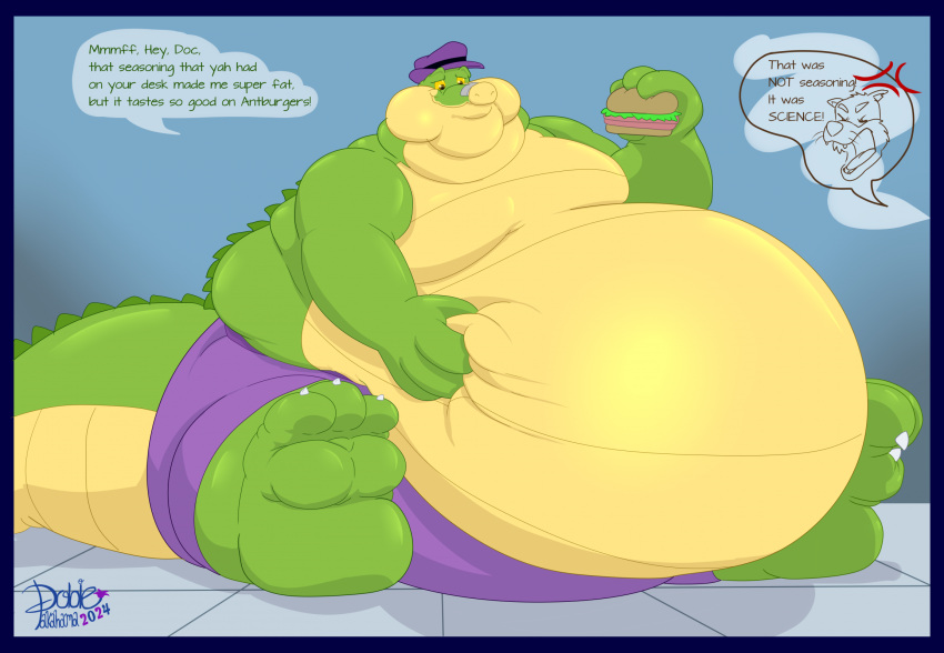 2024 alligator alligatorid angry anthro belly big_belly brok_(brok_the_investigator) brok_the_investigator burger clothing crocodilian dobietakahama dr._mink english_text feet food green_body hat headgear headwear hi_res humanoid_hands male moobs morbidly_obese morbidly_obese_male obese obese_male overweight overweight_male reptile scalie sitting text underwear