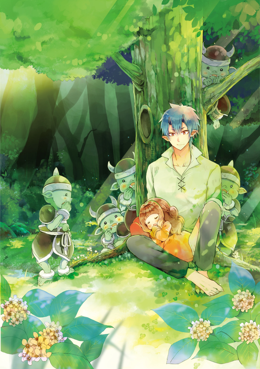 1boy 1girl absurdres armor barefoot black_pants blush brown_hair bush child chs-tara closed_eyes closed_mouth colored_skin dress fake_horns fangs flat_chest flower forest full_body goblin grass green_shirt green_skin hanging_on_tree helmet highres horned_helmet horns isekai_de_mofumofu_nadenade_suru_tame_ni_ganbattemasu long_bangs mittens mori_oni nature nefertima_osphe open_mouth orange_dress orange_mittens pants plate_armor pointy_ears ponytail red_eyes shirt short_hair shoulder_pads sleeping sleeping_on_person tree tree_shade white_flower