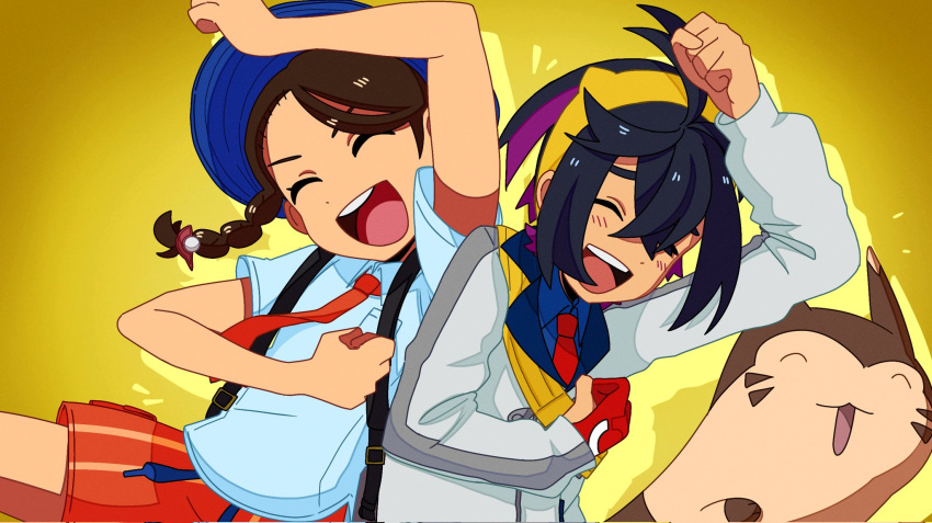 1boy 1girl ^_^ black_hair brown_hair clenched_hands closed_eyes collared_shirt furret gloves gotcha! hat highres jacket juliana_(pokemon) kieran_(pokemon) naranja_academy_school_uniform necktie open_mouth partially_fingerless_gloves pokemon pokemon_(creature) pokemon_sv purple_hair red_gloves red_necktie school_uniform shirt shorts simple_background single_glove ssyrgxb teeth upper_teeth_only