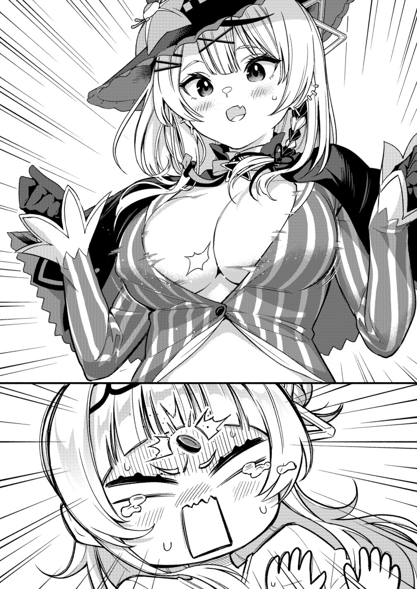 2girls blush breasts bursting_breasts capelet cleavage closed_mouth cosplay emphasis_lines gloves greyscale hair_ornament hat highres hololive izumida_fuyuki large_breasts long_sleeves monochrome multiple_girls murasaki_shion murasaki_shion_(1st_costume) murasaki_shion_(cosplay) popped_button sakamata_chloe shirt striped_clothes striped_shirt vertical-striped_clothes vertical-striped_shirt x_hair_ornament