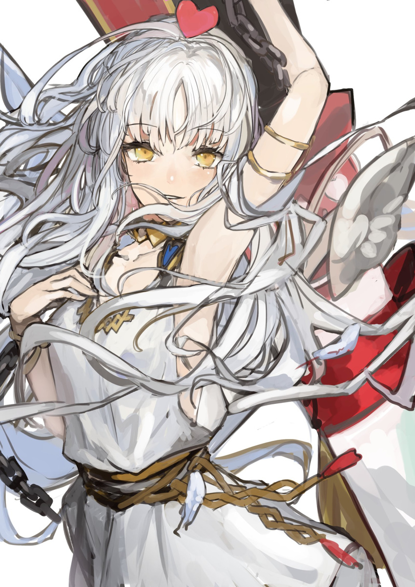 1girl arm_up bracelet caren_hortensia caren_hortensia_(amor_caren) caren_hortensia_(amor_caren)_(first_ascension) chain dress fate/grand_order fate_(series) hand_on_own_chest heart highres jewelry long_hair white_dress white_hair yellow_eyes yorurokujuu