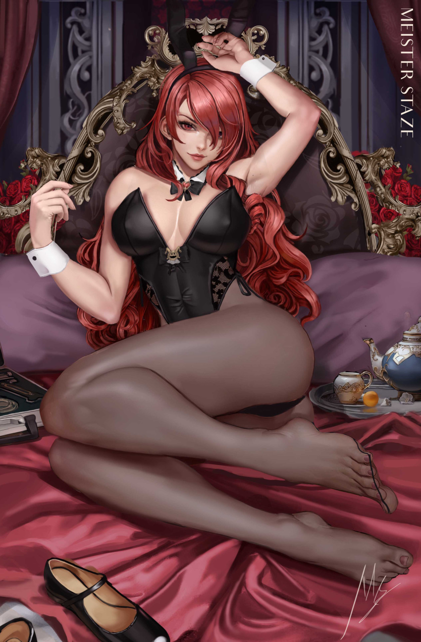 1girl absurdres animal_ears ass bed bed_frame bow bowtie breasts cleavage detached_collar fake_animal_ears hair_over_one_eye highres kirijou_mitsuru leotard long_hair meister_staze pantyhose persona persona_3 pillow playboy_bunny rabbit_ears red_hair sitting smile solo strapless strapless_leotard wavy_hair