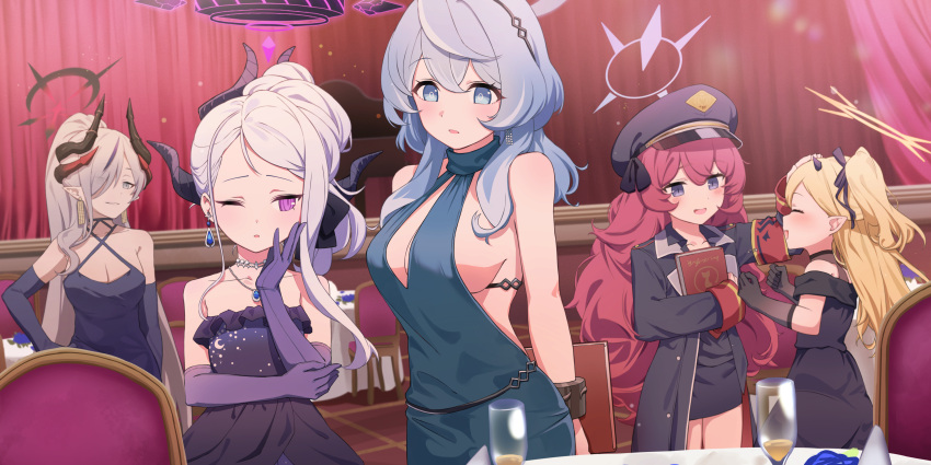 5girls absurdres ako_(blue_archive) ako_(dress)_(blue_archive) black_coat black_dress black_gloves black_horns black_shirt blonde_hair blue_archive blue_dress blue_eyes blue_hair blue_halo blush breasts chair cleavage closed_eyes coat cuffs cup dangle_earrings demon_horns dress earrings elbow_gloves flat_chest gloves grey_eyes grey_hair halo halterneck handcuffs heimu_(heim_kstr) highres hina_(blue_archive) hina_(dress)_(blue_archive) horns ibuki_(blue_archive) ibuki_(dress)_(blue_archive) indoors iroha_(blue_archive) jewelry large_breasts long_hair long_sleeves makoto_(blue_archive) makoto_(dress)_(blue_archive) multiple_girls multiple_horns necklace official_alternate_costume one_eye_closed open_clothes open_coat open_mouth pendant pointy_ears purple_dress purple_eyes purple_gloves purple_halo red_hair shirt sleeveless sleeveless_dress smile strapless strapless_dress white_hair yellow_halo