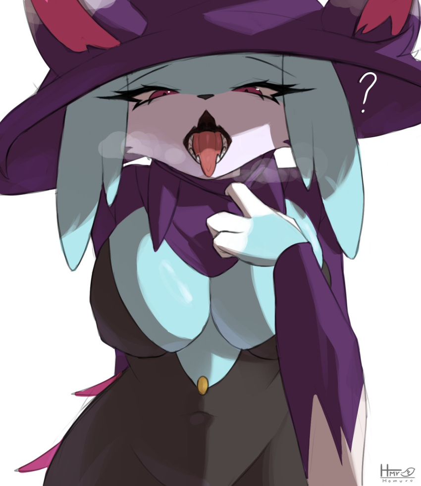 2024 anthro anthrofied big_breasts blue_body blue_fur breasts breath clothed clothing felid feline female fur hat headgear headwear hi_res homuro katress mammal open_mouth pal_(species) palworld question_mark simple_background solo teeth tongue tongue_out witch_hat