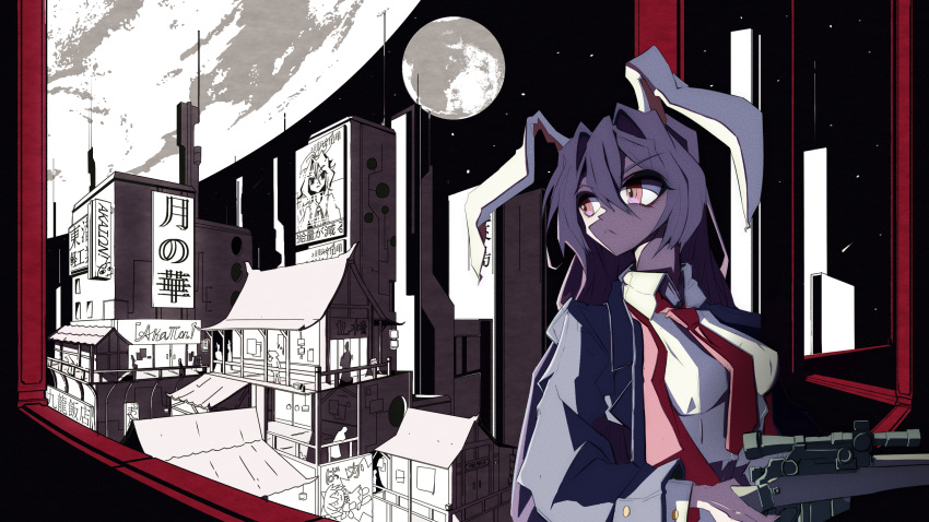 1girl :&lt; animal_ears architecture billboard black_jacket blazer breasts cirno city closed_mouth collared_shirt commentary duojiaomaotou-tougarashi east_asian_architecture full_moon gun hair_between_eyes hair_intakes highres holding holding_gun holding_weapon jacket long_bangs long_hair long_sleeves looking_afar looking_to_the_side medium_breasts moon necktie pink_eyes purple_hair rabbit_ears rabbit_girl red_necktie reisen_udongein_inaba rifle shirt sniper_rifle solo space teruyof touhou upper_body very_long_hair watatsuki_no_toyohime weapon white_shirt