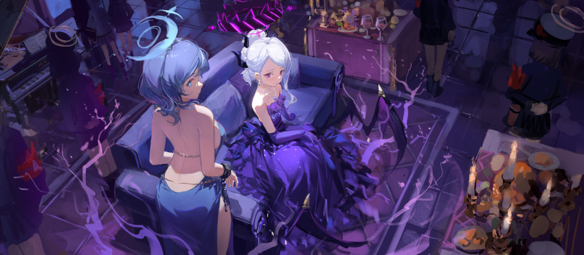6+girls absurdres ako_(blue_archive) ako_(dress)_(blue_archive) armband arms_behind_back black_hair black_skirt blue_archive blue_dress blue_eyes blue_hair blue_halo breasts candle closed_mouth couch cup dress drinking_glass halo highres hina_(blue_archive) hina_(dress)_(blue_archive) horns indoors instrument large_breasts long_hair looking_at_viewer meinoss multiple_girls piano pleated_skirt ponytail purple_dress purple_eyes purple_halo sitting skirt standing white_hair wine_glass