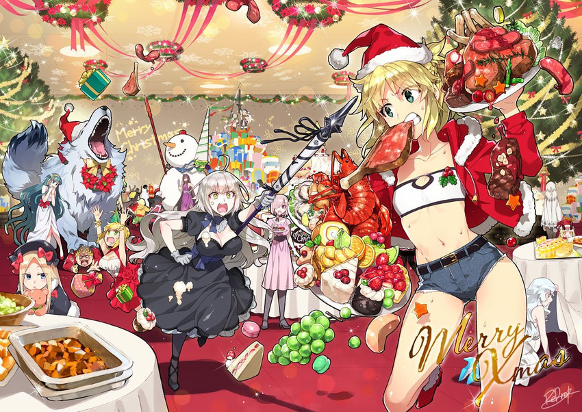 abigail_williams_(fate/grand_order) altera_(fate) arjuna_(fate/grand_order) artemis_(fate/grand_order) artoria_pendragon_(all) blonde_hair boned_meat braid cake caladbolg chacha_(fate/grand_order) christmas christmas_tree cleopatra_(fate/grand_order) commentary_request denim denim_shorts fate/grand_order fate_(series) flagpole food fruit gae_bolg gift grapes hat hessian_(fate/grand_order) ibaraki_douji_(fate/grand_order) jack_the_ripper_(fate/apocrypha) jeanne_d'arc_(alter)_(fate) jeanne_d'arc_(fate)_(all) jeanne_d'arc_alter_santa_lily julius_caesar_(fate/grand_order) karna_(fate) lobo_(fate/grand_order) lobster macaron mash_kyrielight meat merry_christmas mordred_(fate) mordred_(fate)_(all) multiple_girls nero_claudius_(fate)_(all) nursery_rhyme_(fate/extra) orion_(fate/grand_order) paul_bunyan_(fate/grand_order) ponytail rama_(fate/grand_order) redrop saber sandwich santa_alter santa_hat scathach_(fate)_(all) scathach_(fate/grand_order) shorts snowman strapless table tubetop white_hair