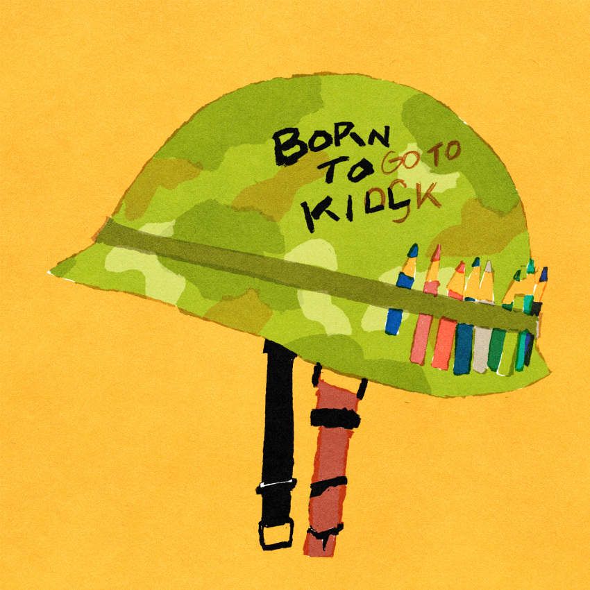 camouflage colored_pencil full_metal_jacket helmet highres iida_kento no_humans original pencil simple_background still_life yellow_background