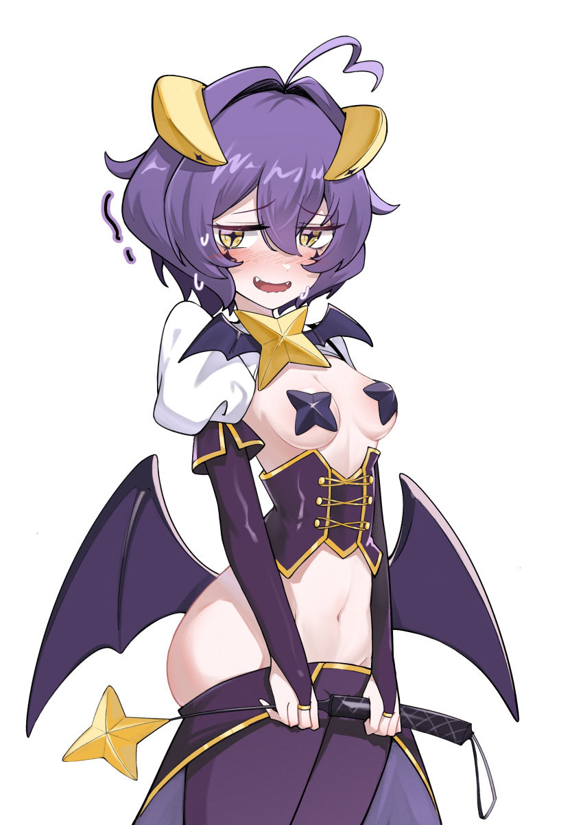 1girl absurdres black_hair black_pasties blush breastless_clothes breasts corset cross-shaped_pupils cross_pasties demon_wings fold-over_gloves forward_facing_horns highres hiiragi_utena holding_riding_crop horns kaguyamaou low_wings lowleg lowleg_pants magia_baiser mahou_shoujo_ni_akogarete navel nervous_sweating nose_blush pants pasties purple_corset purple_pants riding_crop simple_background small_breasts solo stomach sweat symbol-shaped_pupils white_background white_shrug wings yellow_eyes yellow_horns