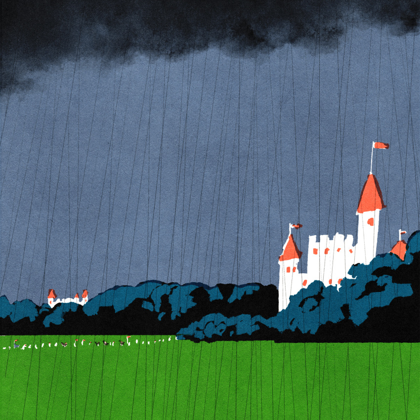 building bush castle cloud cloudy_sky flag highres iida_kento medieval no_humans original outdoors rain scenery sky