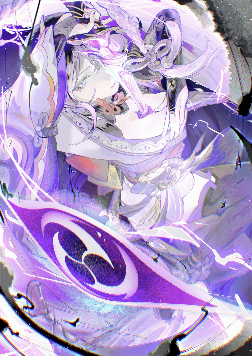 absurdres arm_up braid breasts cleavage electricity genshin_impact glowing glowing_sword glowing_weapon hair_between_eyes hair_ornament hair_ribbon highres holding holding_weapon japanese_clothes long_hair looking_at_object mitsudomoe_(shape) mole mole_under_eye purple_eyes purple_hair raiden_shogun ribbon single_braid tomoe_(symbol) unchikusao weapon