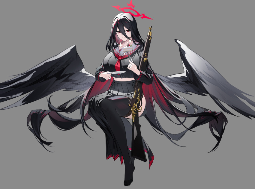 1girl absurdres ass black_hair black_serafuku black_skirt black_thighhighs black_wings blue_archive breasts cake cake_slice closed_mouth elinnasky feathered_wings food fork gun hair_between_eyes halo hasumi_(blue_archive) highres holding holding_fork holding_plate large_breasts long_hair neckerchief plate pleated_skirt red_eyes red_halo red_neckerchief sailor_collar school_uniform serafuku skirt smile solo thighhighs very_long_hair weapon white_sailor_collar wings
